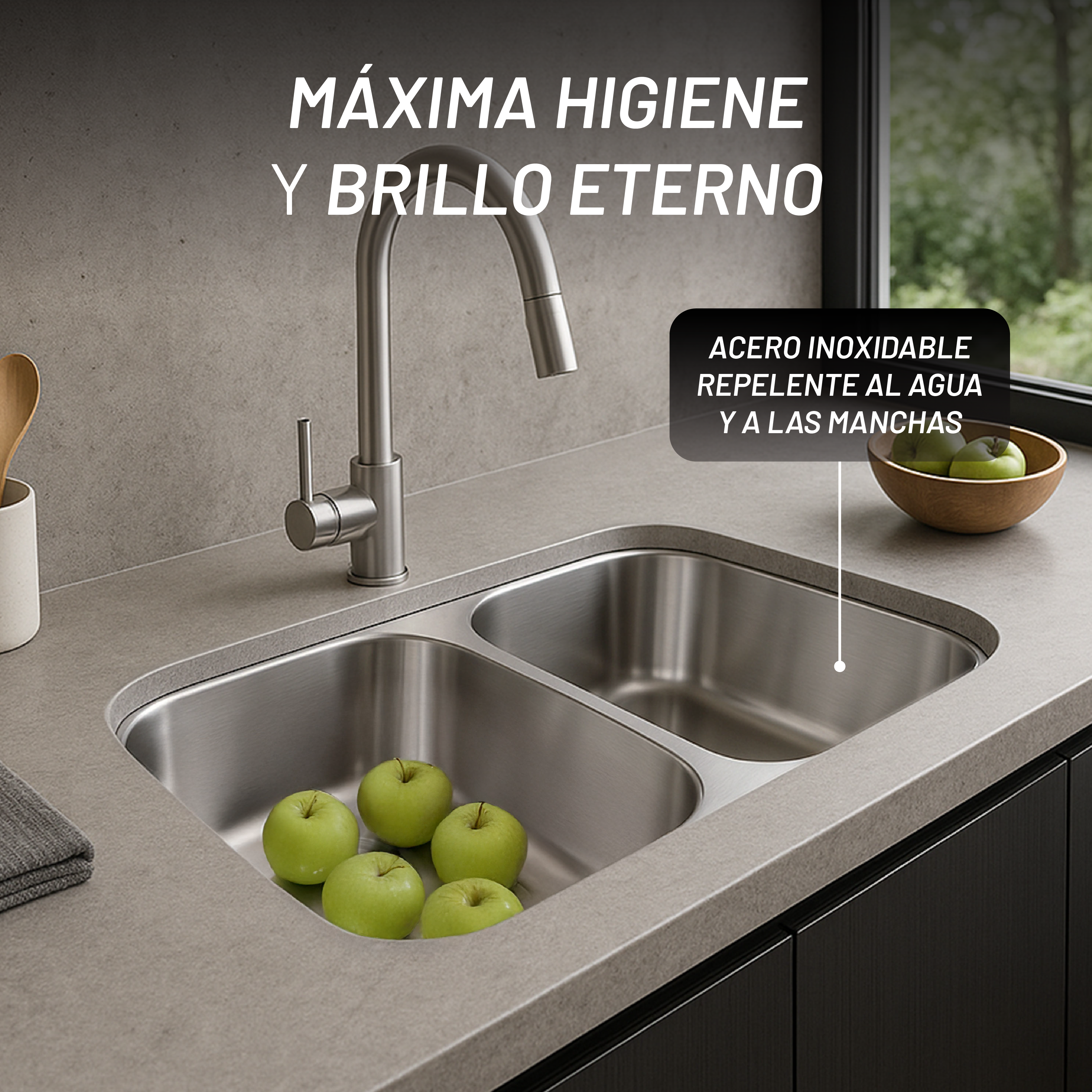 Fregadero 2 Tinas, Acero Inox 304, Submontaje, Nanotecnología