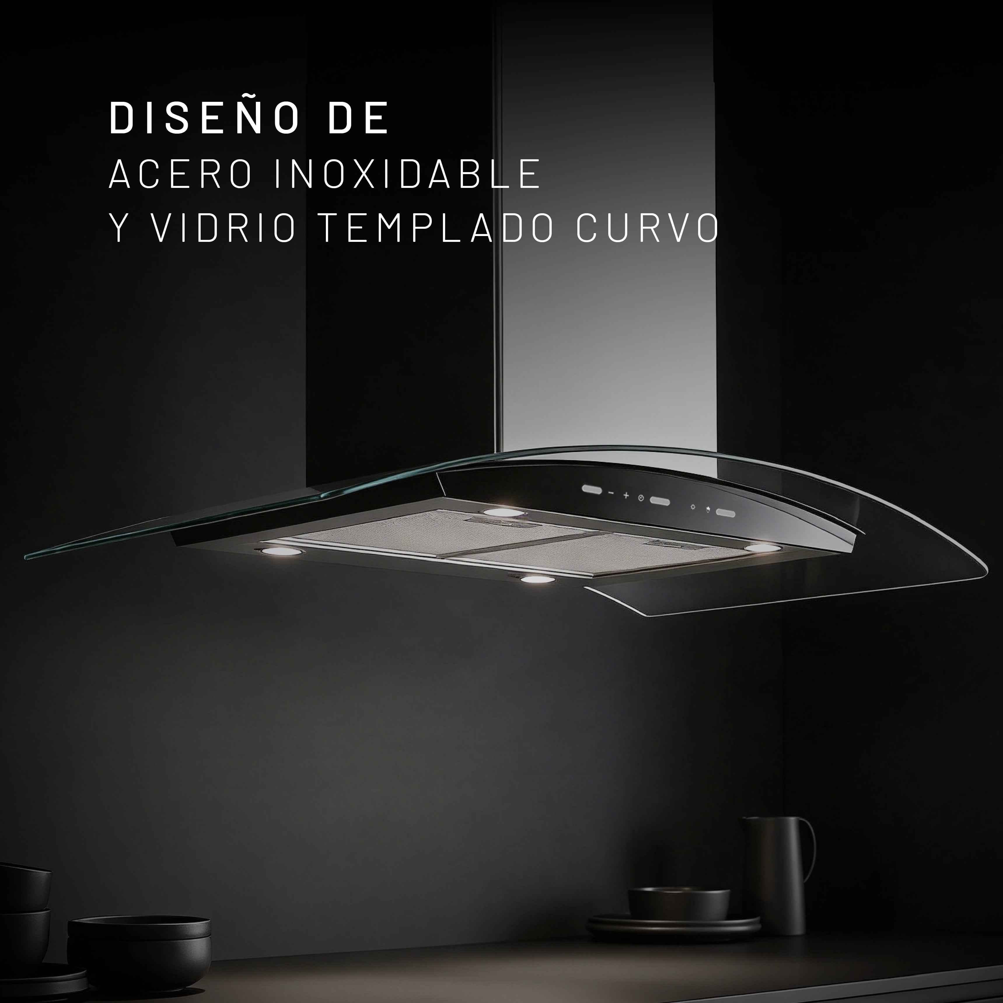 Campana de Isla Touchless 90cm, Acero y Vidrio Templado Curvo