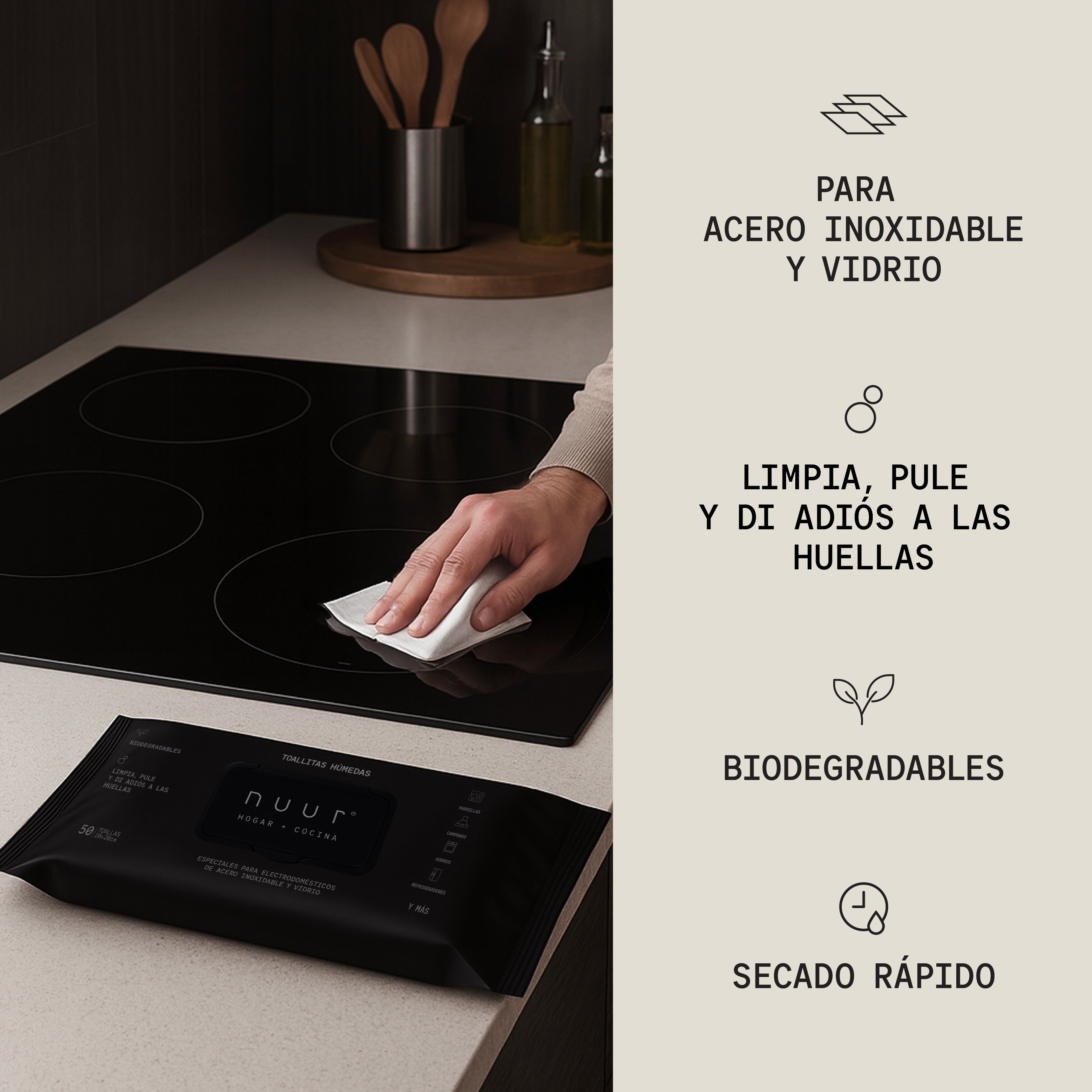 Toallitas Húmedas para Acero Inoxidable y Vidrio, 1 Paquetes / 50 Toallitas