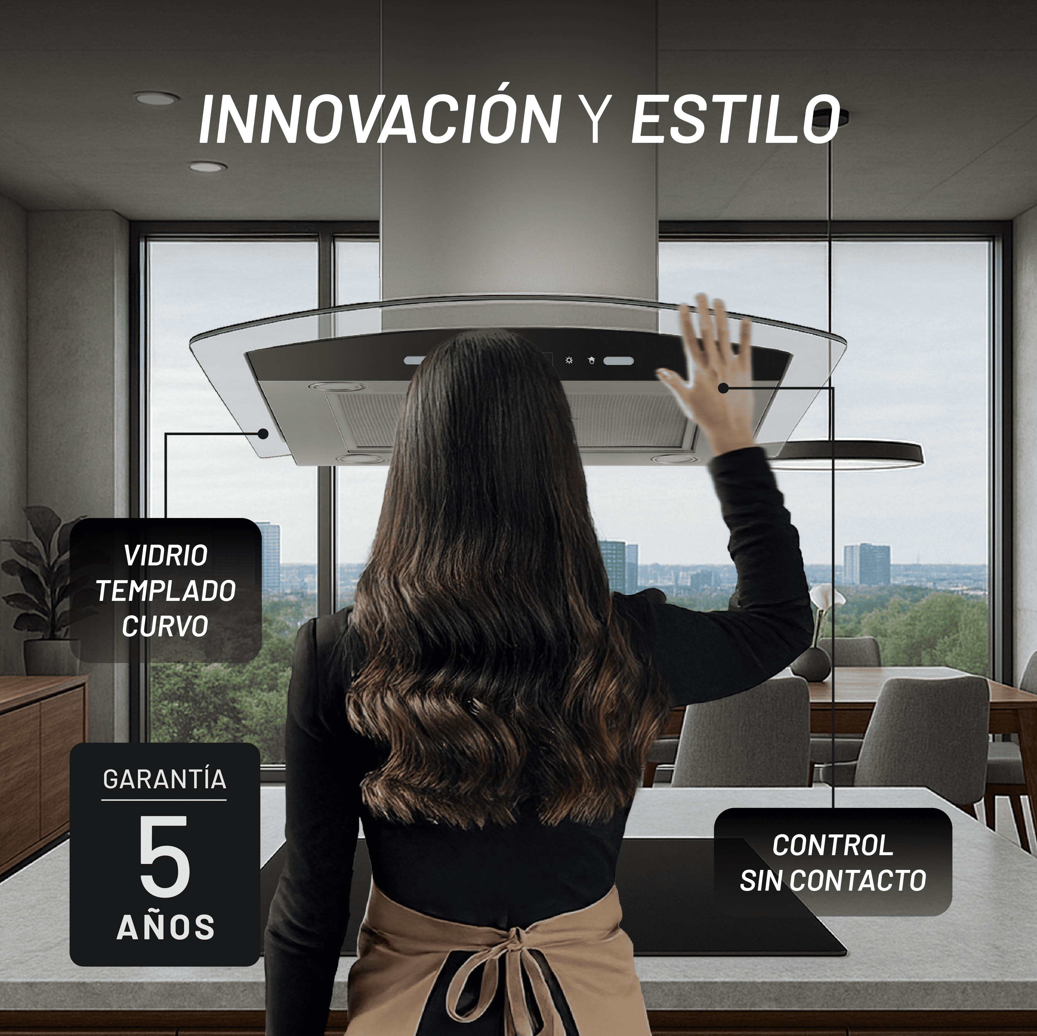 Campana de Isla Touchless 76cm, Acero y Vidrio Templado Curvo