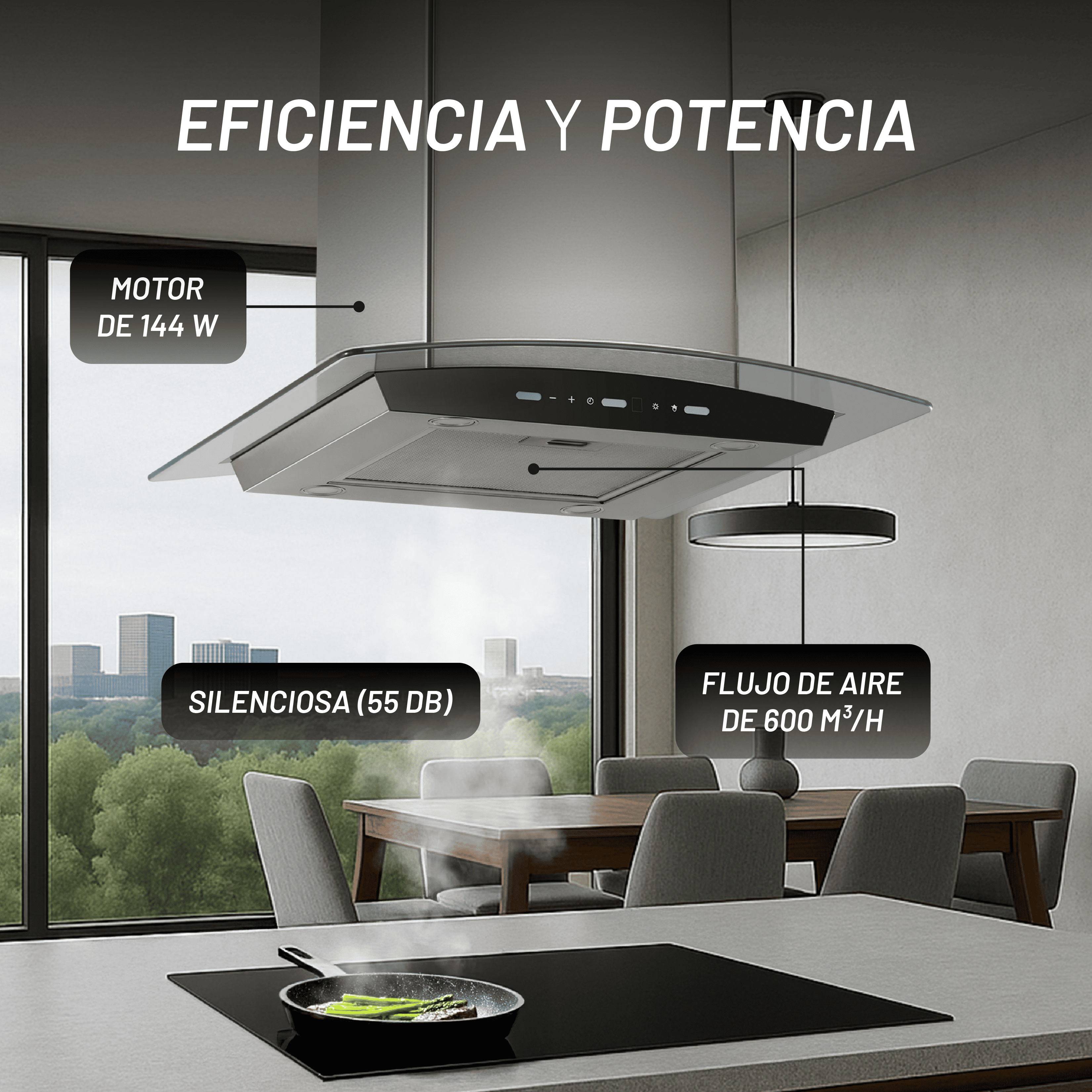 Campana de Isla Touchless 76cm, Acero y Vidrio Templado Curvo