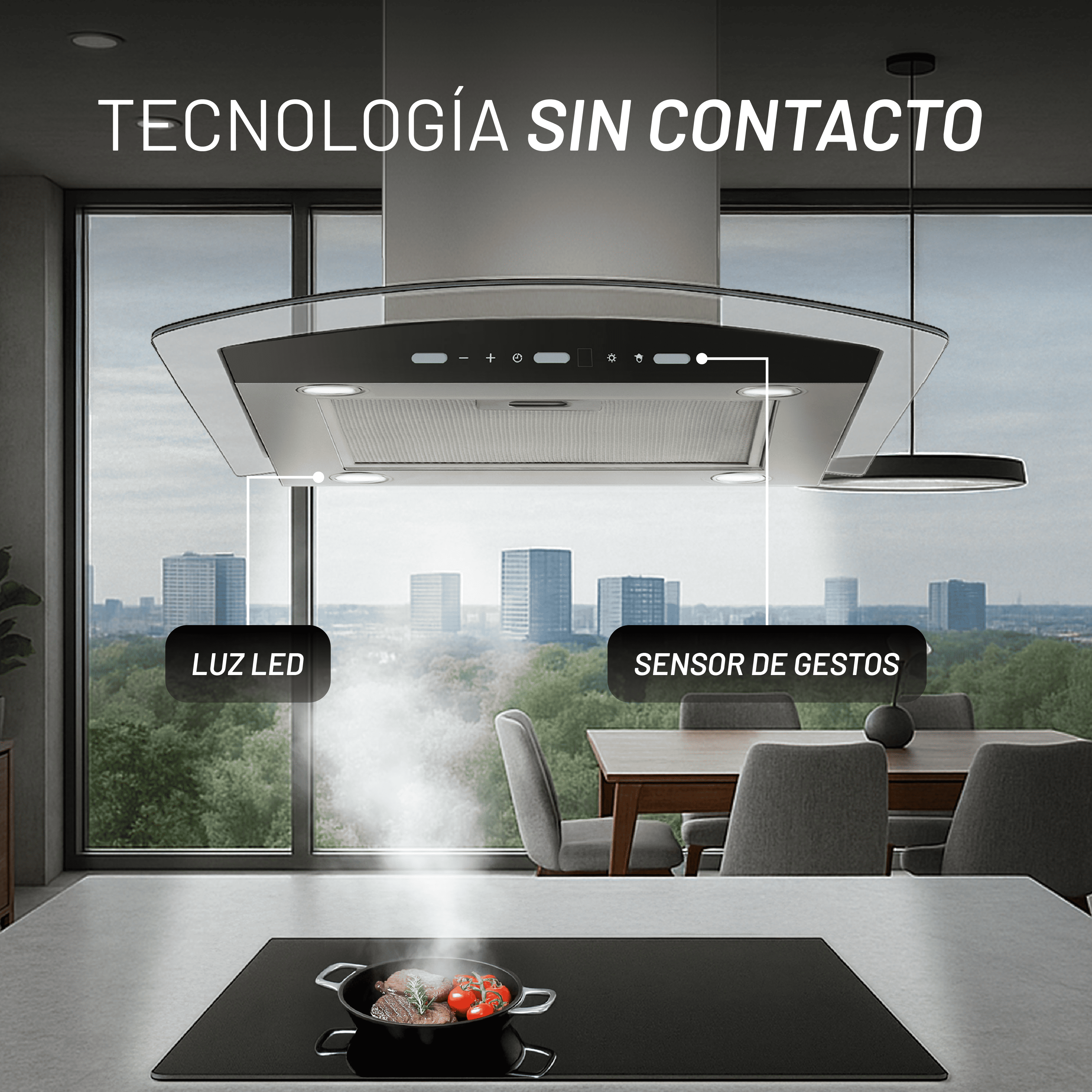 Campana de Isla Touchless 76cm, Acero y Vidrio Templado Curvo