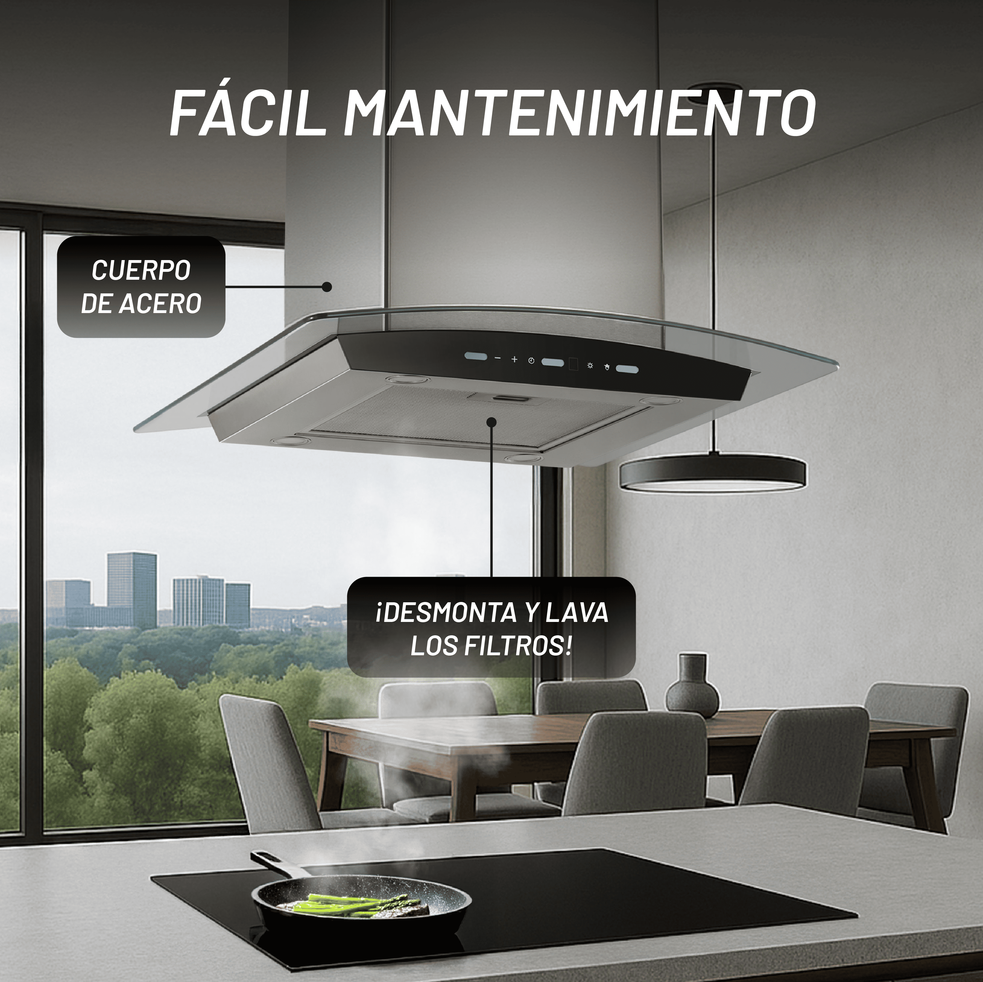 Campana de Isla Touchless 76cm, Acero y Vidrio Templado Curvo